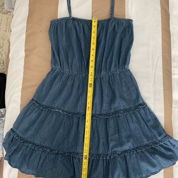 EXPRESS | Denim Square Neck Tiered Mini Dress - Picture 15 of 17